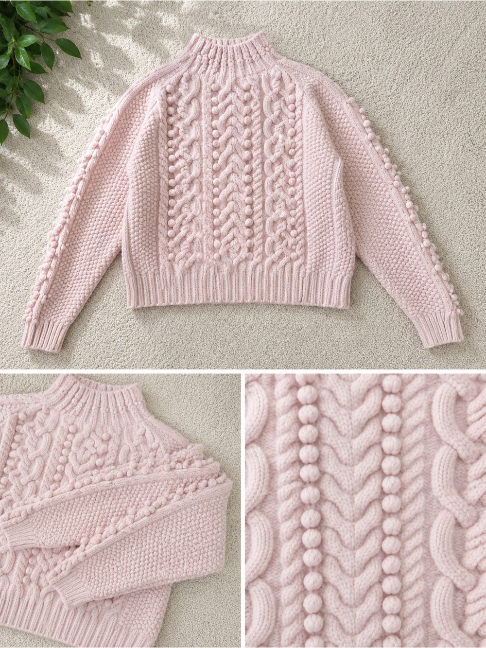 Wool Pale Pink Cable Bobble Mock Neck Sweater
